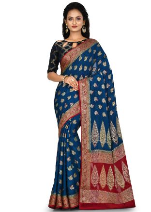 Blue Woven Pure Banarasi Silk Saree With Blouse