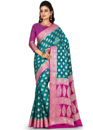 Blue Pure Banarasi Silk Woven Saree With Blouse