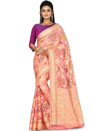 Peach Floral Woven Pure Banarasi Silk Saree