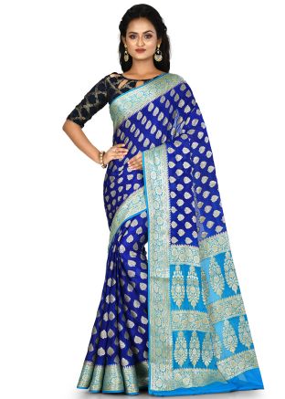 Blue Pure Banarasi Silk Woven Saree With Blouse