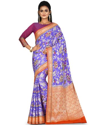 Blue Floral Woven Pure Banarasi Silk Saree