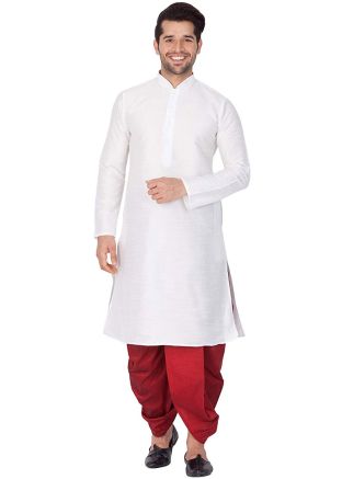 Readymade White Dupion Silk Kurta With Dhoti