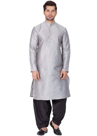 Grey Dupion Silk Readymade Kurta Salwar