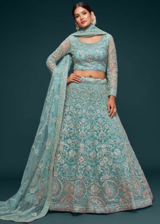 Turqoise Dori Embroidered Net Lehenga Choli