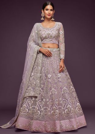 Purple Net Lehenga Choli In Dori Embroidery