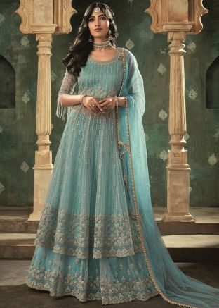 Blue Embroidered Straight Cut Kurt Style Lehenga