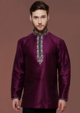 Purple Readymade Dupion Silk Short Kurta