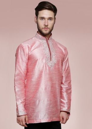 Pink Readymade Dupion Silk Short Kurta