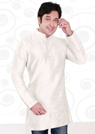 White Readymade Dupion Silk Short Kurta For Men Online
