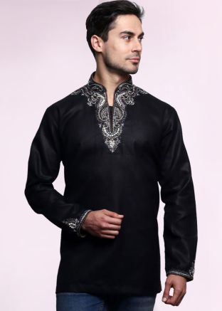 Black Readymade Dupion Silk Short Kurta