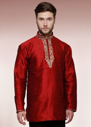 Maroon Readymade Dupion Silk Short Kurta