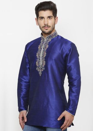 Blue Readymade Dupion Silk Short Kurta