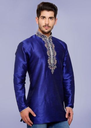 Readymade Blue Dupion Silk Short Kurta