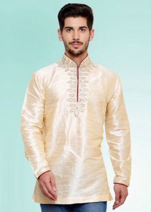 Readymade Cream Dupion Silk Short Kurta