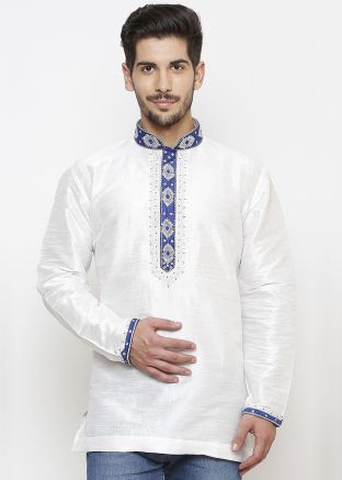 Readymade White Dupion Silk Short Kurta