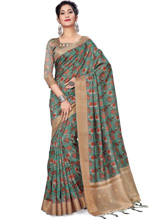 Green Art Silk Floral Digital Printed Saree