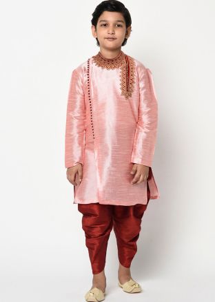 Embroidered Pink Readymade Kids Dhoti Kurta