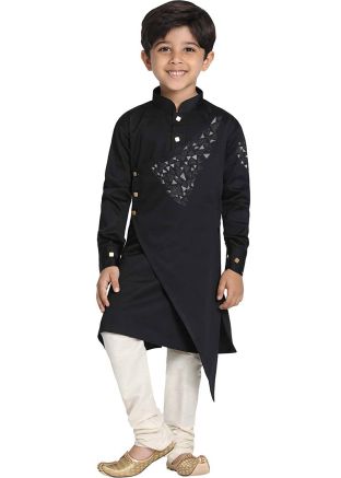 Black Readymade Kurta Pajama In Asymmetric Style