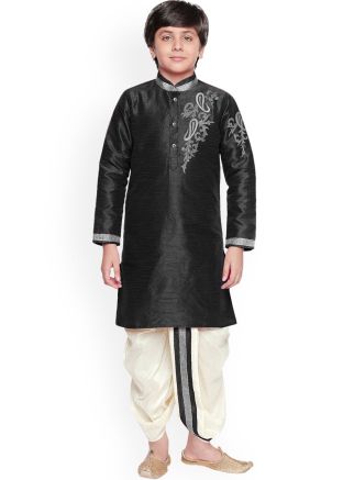 Readymade Dhoti With Kids Black Embroidered Kurta