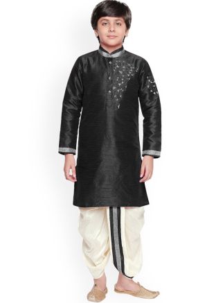 Embroidered Black Readymade Dhoti Kurta For Kids