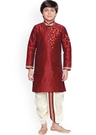 Maroon Embroidered Readymade Kurta With Dhoti