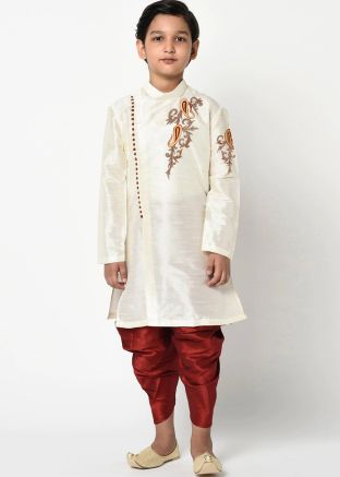 White Readymade Embroidered Kids Dhoti Kurta