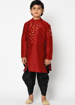Embroidered Red Readymade Kids Kurta & Dhoti