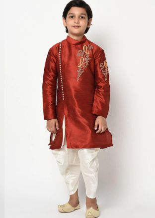 Red Readymade Dhoti Kurta With Embroidery Work