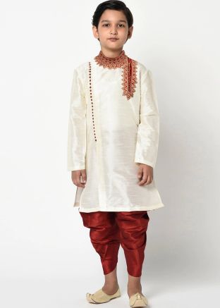 Readymade White Dhoti Kurta With Embroidered Yoke 