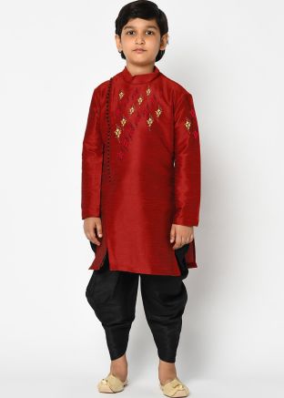 Maroon Kids Readymade Dhoti Kurta In Dupion Silk