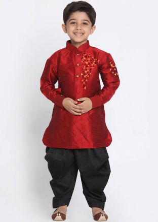 Dupion Silk Maroon Readymade Dhoti Kurta For Kids