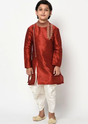 Readymade Red Kids Dhoti Kurta In Dupion Silk