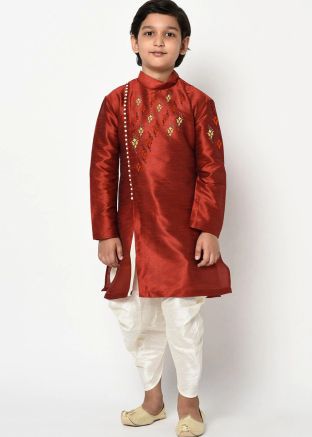 Red Angrakha Style Readymade Dhoti Kurta For Kids