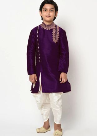 Purple Embroidered Dhoti Kurta In Dupion Silk