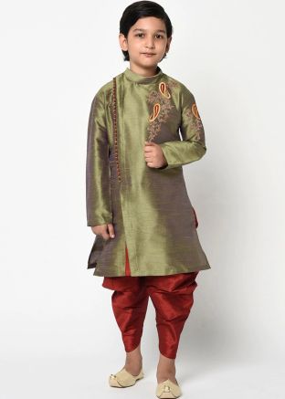 Embroidered Readymade Kids Dhoti Kurta In Green