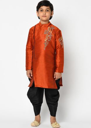 Orange Readymade Kids Dhoti Kurta In Angrakha Style