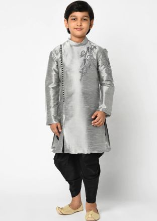 Embroidered Grey Readymade Kurta With Plain Dhoti