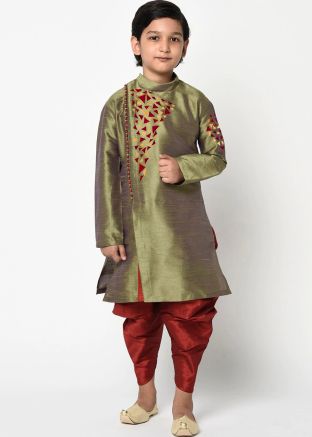 Embroidered Kids Readymade Dhoti Kurta In Green