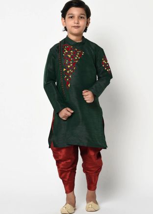 Readymade Dhoti With Green Kids Embroidered Kurta