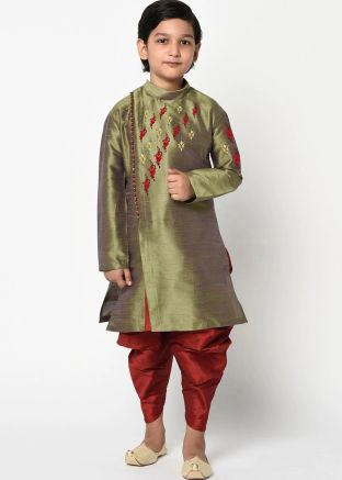 Angrakha Style Green Readymade Kurta With Dhoti