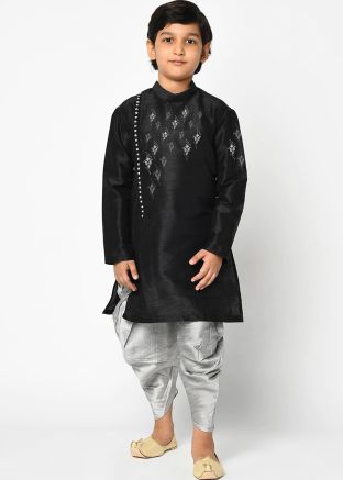 Black Kids Readymade Dhoti Kurta In Dupion Silk