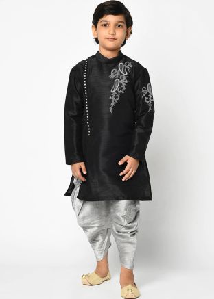 Readymade Black Kids Dhoti Kurta In Dupion Silk
