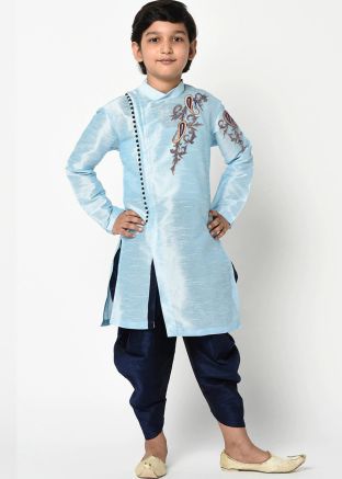Readymade Blue Dupion Silk Kurta & Plain Dhoti