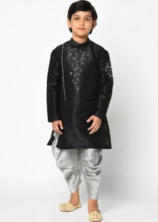 Readymade Kids Embroidered Dhoti Kurta In Black