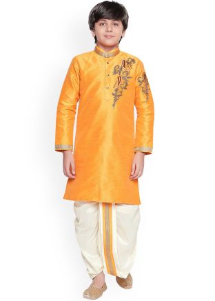 Golden Readymade Dhoti Kurta With Zari Embroidery