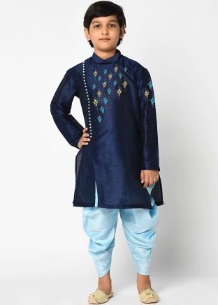 Blue Kids Readymade Embroidered Kurta With Dhoti