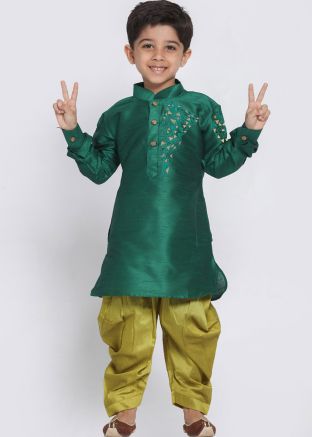 Readymade Green Embroidered Dhoti Kurta For Kids