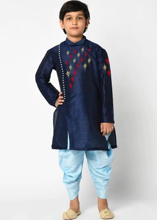 Blue Embroidered Kids Dhoti Kurta In Dupion Silk