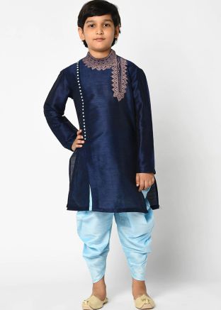 Readymade Blue Kids Embroidered Kurta With Dhoti