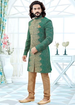 Green Embroidered Art Silk Readymade Sherwani